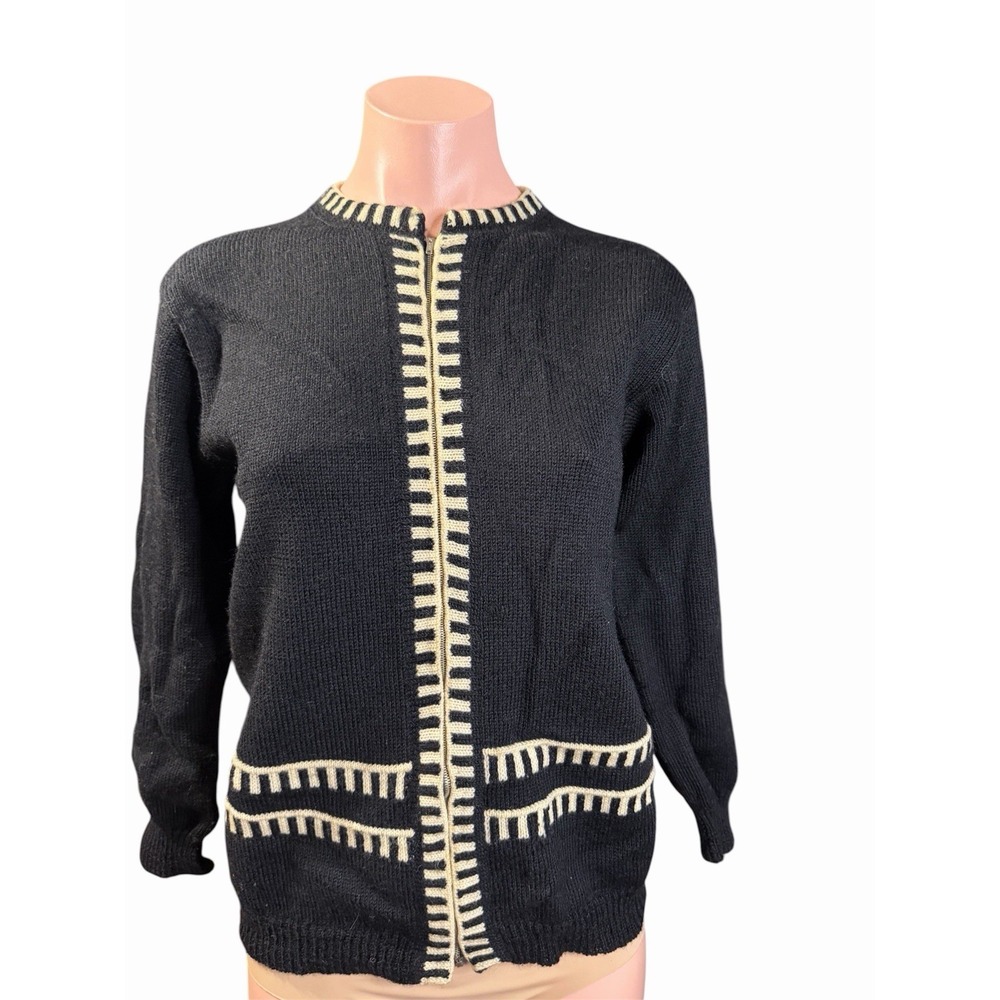MING WANG Black Acrylic Knit Cardigan Sz Small Cream Striped Trim Zipper Front